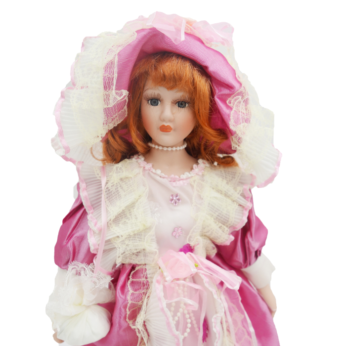 Păpușă din porțelan, de colecție, rochie victoriana, roz, cu suport, 45 cm [2]