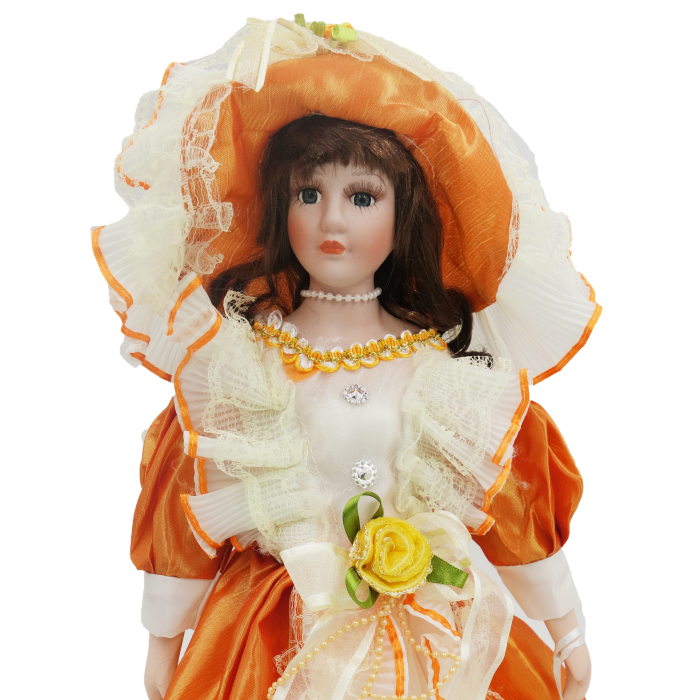 Păpușă din porțelan, de colecție, rochie victoriana, portocaliu, cu suport, 45 cm [4]