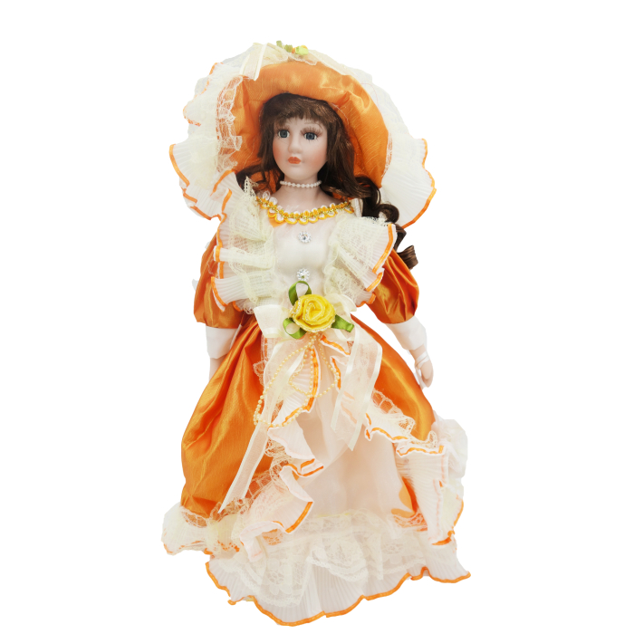 Păpușă din porțelan, de colecție, rochie victoriana, portocaliu, cu suport, 45 cm [1]