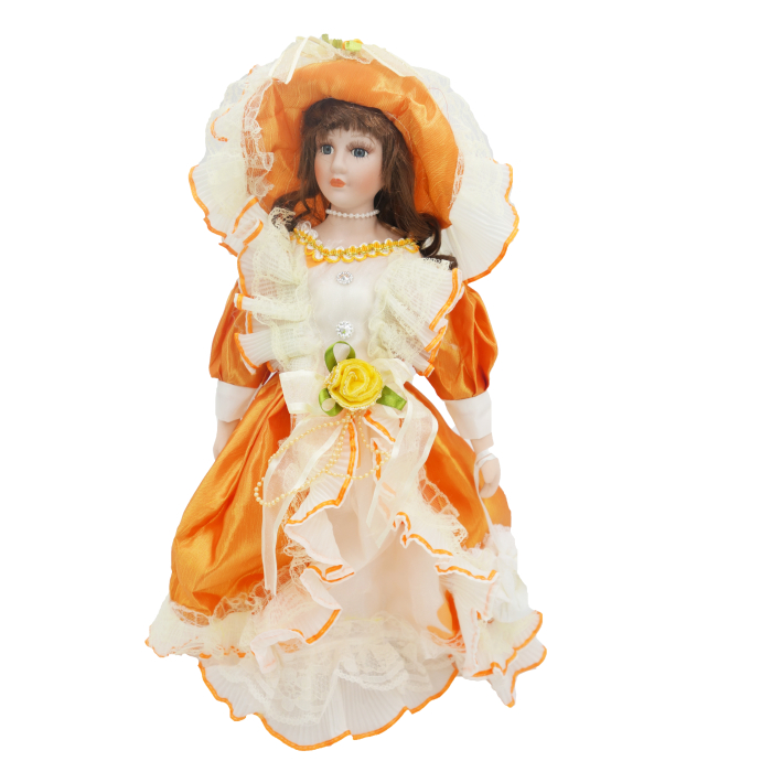 Păpușă din porțelan, de colecție, rochie victoriana, portocaliu, cu suport, 45 cm [3]