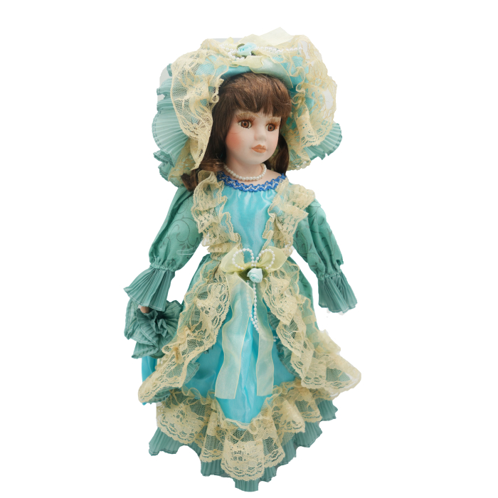 Păpușă din porțelan, de colecție, rochie victoriana, maro, cu suport, 45 cm [2]