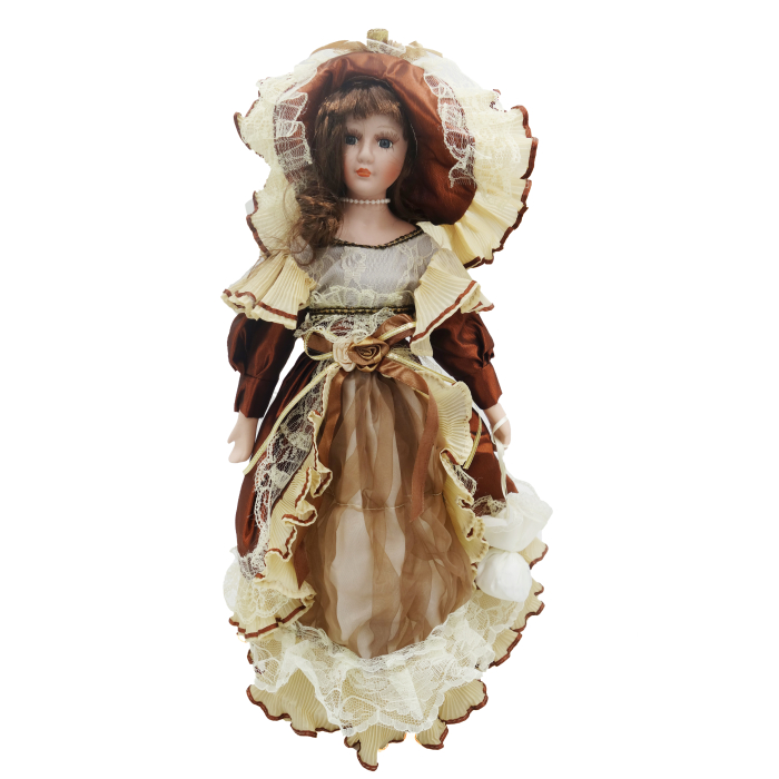 Păpușă din porțelan, de colecție, rochie victoriana, maro, cu suport, 45 cm [5]