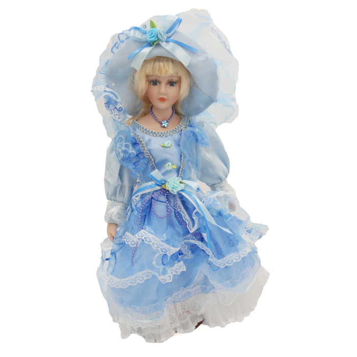 Păpușă din porțelan, de colecție, rochie victoriana, albastru, cu suport, 45 cm [3]