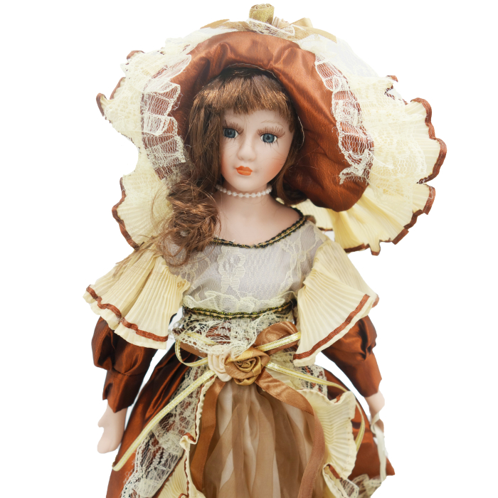 Păpușă din porțelan, de colecție, rochie victoriana, maro, cu suport, 45 cm [2]