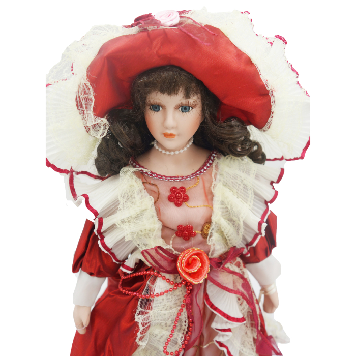 Păpușă din porțelan, de colecție, rochie victoriana, portocaliu, cu suport, 45 cm - Copie [3]