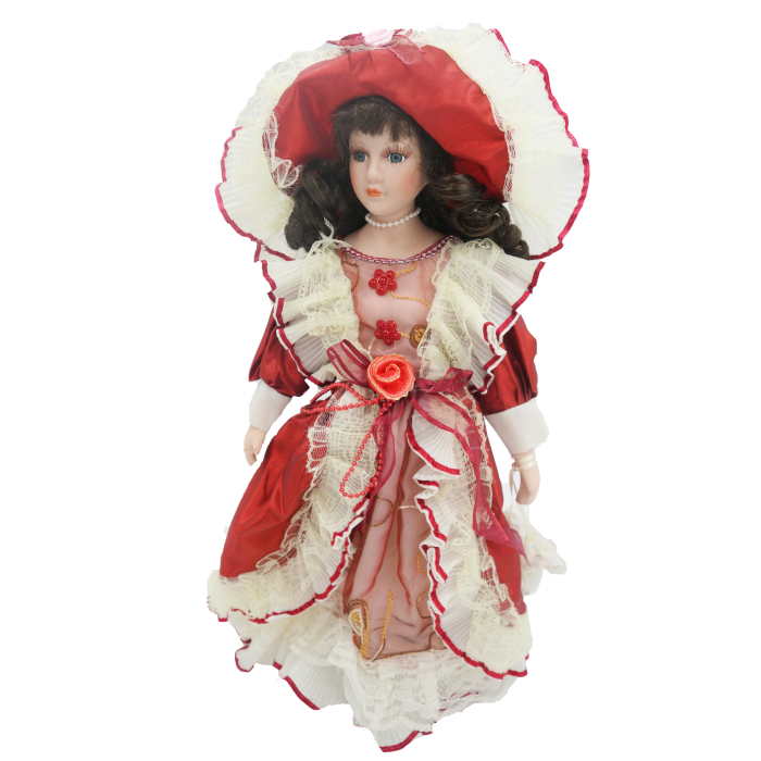 Păpușă din porțelan, de colecție, rochie victoriana, portocaliu, cu suport, 45 cm - Copie [5]