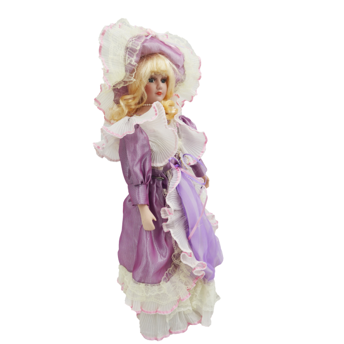 Păpușă din porțelan, de colecție, rochie victoriana, lavanda-regala, cu suport, 45 cm [2]