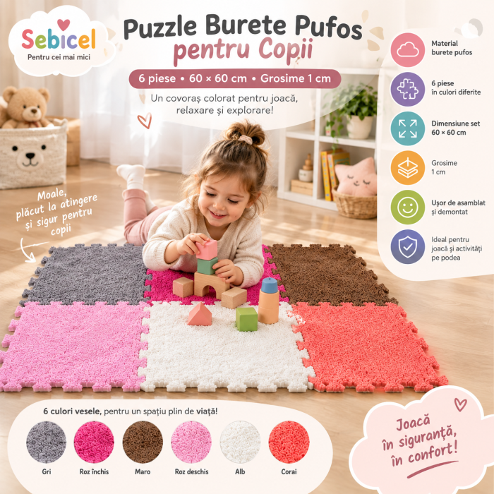 Puzzle Burete Pufos pentru Copii, 6 Piese, 60 × 60 cm [7]