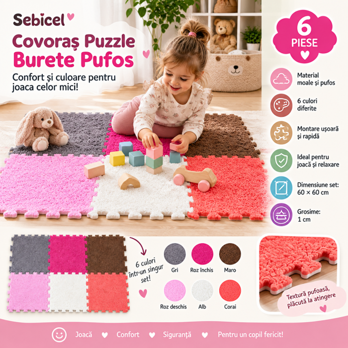 Puzzle Burete Pufos pentru Copii, 6 Piese, 60 × 60 cm [8]
