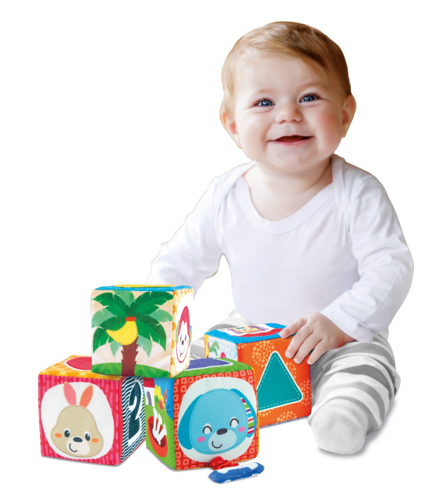 Set 4 cuburi de stivuit, multicolore, din material textil, cu activități interactive [3]