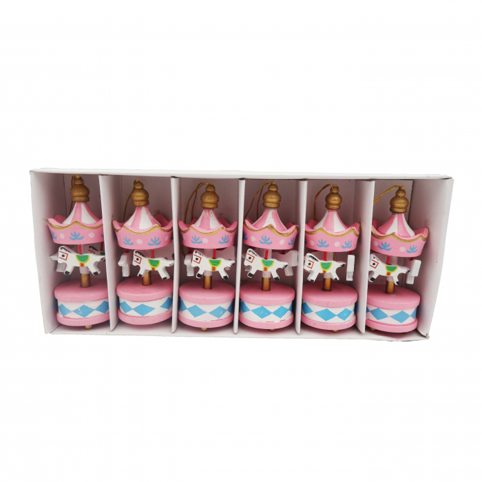 Set 6 globuri din lemn, in forma de carusel cu caluti, 9 cm [3]