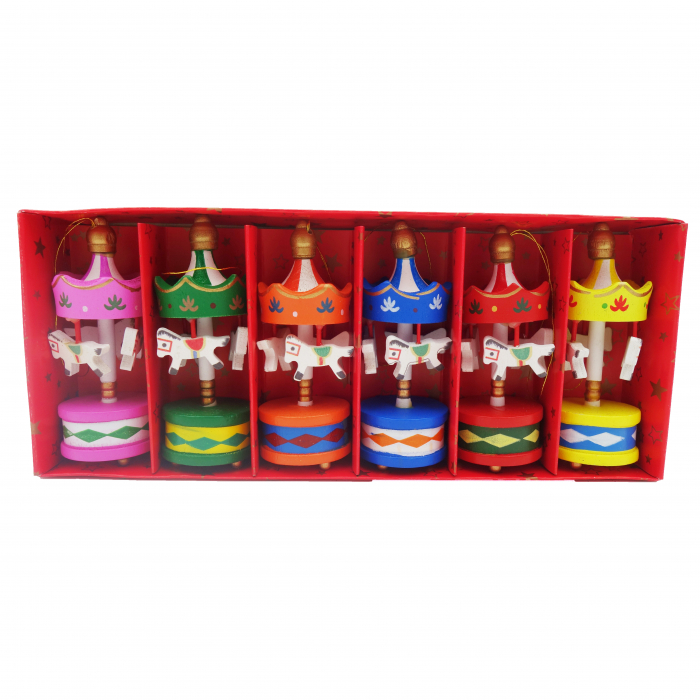 Set 6 globuri din lemn, in forma de carusel cu caluti, 9 cm [2]