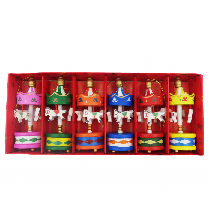 Set 6 globuri din lemn, in forma de carusel cu caluti, 9 cm [3]