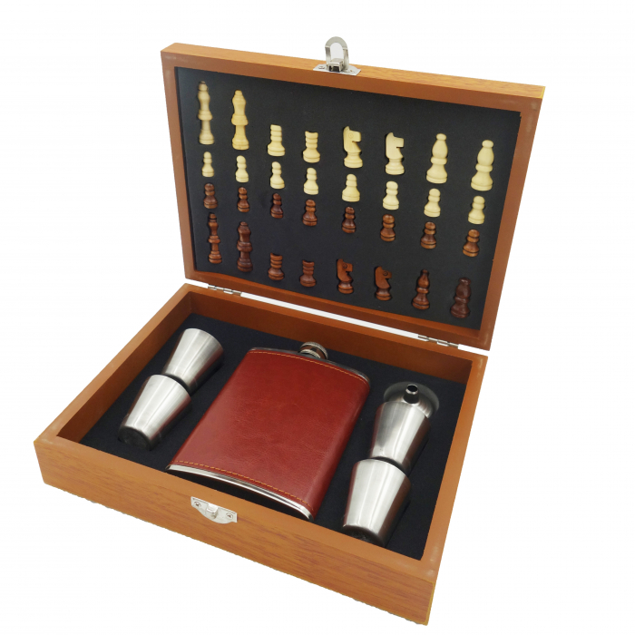 Set cutie cadou cu tabla de sah, accesorii, plosca, 4 pahare si palnie, 24 cm [3]
