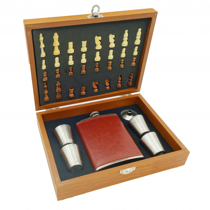 Set cutie cadou cu tabla de sah, accesorii, plosca, 4 pahare si palnie, 24 cm [2]