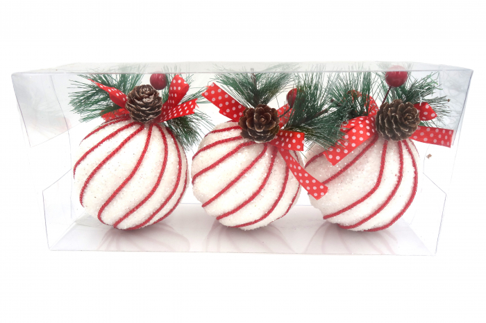 Set de 3 globuri albe, strălucitoare, cu decoratiune, roșu, 10 cm [1]