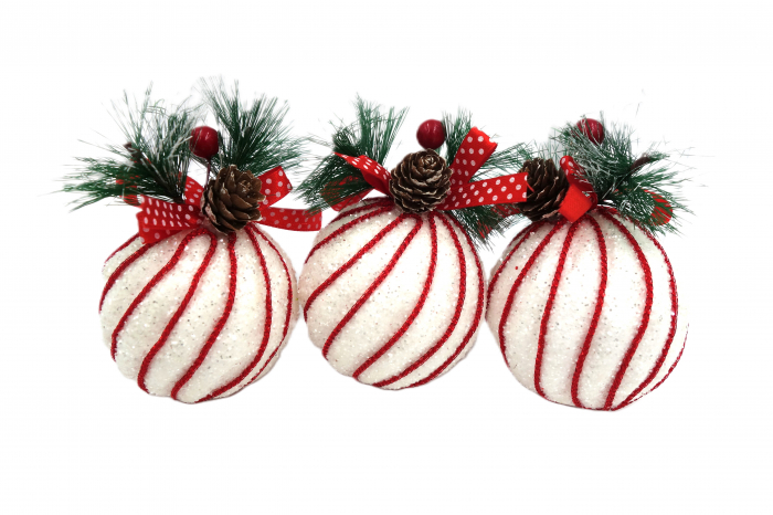 Set de 3 globuri albe, strălucitoare, cu decoratiune, roșu, 10 cm [3]