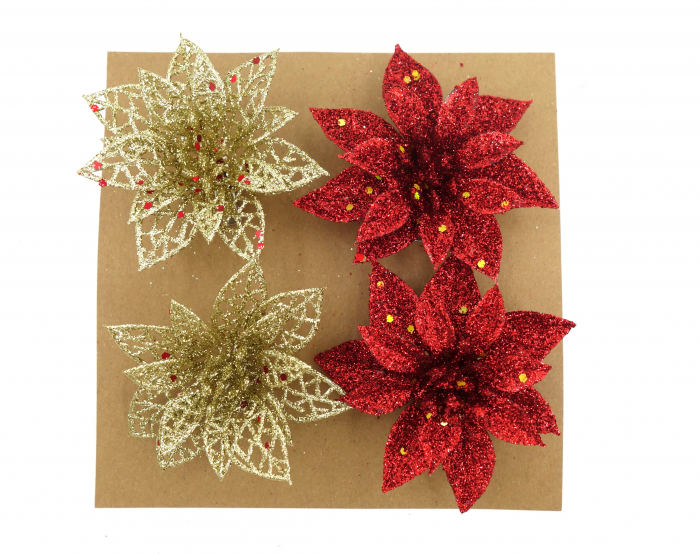 Set de 4 flori decorative pentru brad, aurii și roșii, 6 cm [1]