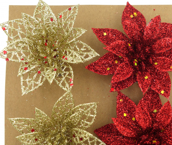 Set de 4 flori decorative pentru brad, aurii și roșii, 6 cm [2]