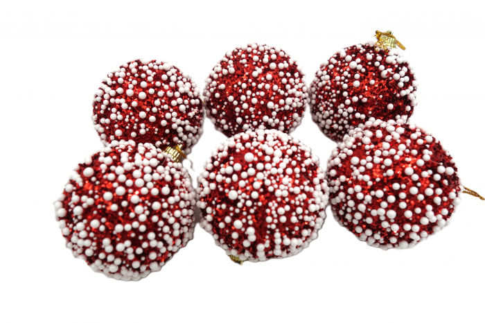 Set de 6 globuri roșii strălucitoare, decorate cu biluțe albe, 5 cm [2]