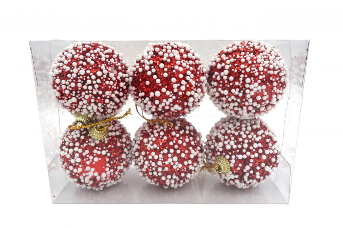 Set de 6 globuri roșii strălucitoare, decorate cu biluțe albe, 5 cm [1]