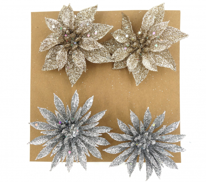 Set de decorațiuni de brad, 4 flori, aurii și argintii, 6 cm [2]