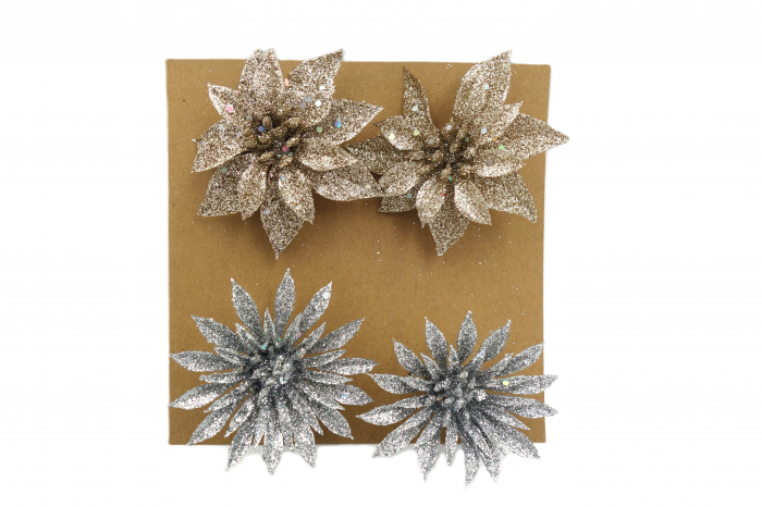 Set de decorațiuni de brad, 4 flori, aurii și argintii, 6 cm [1]