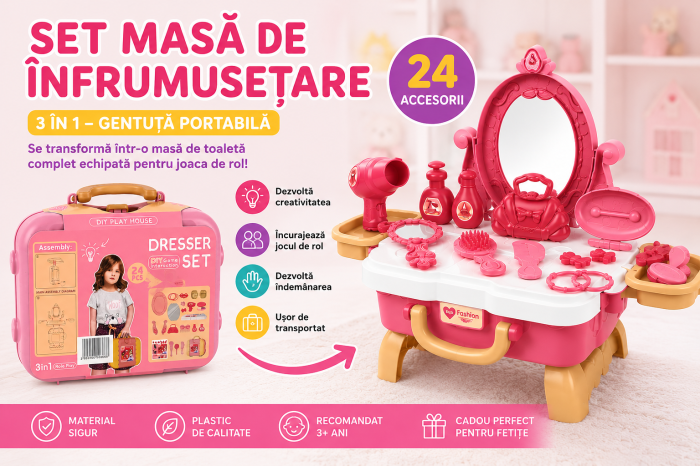 Set masă de înfrumusețare pentru fetițe 3 în 1 cu 24 accesorii [3]