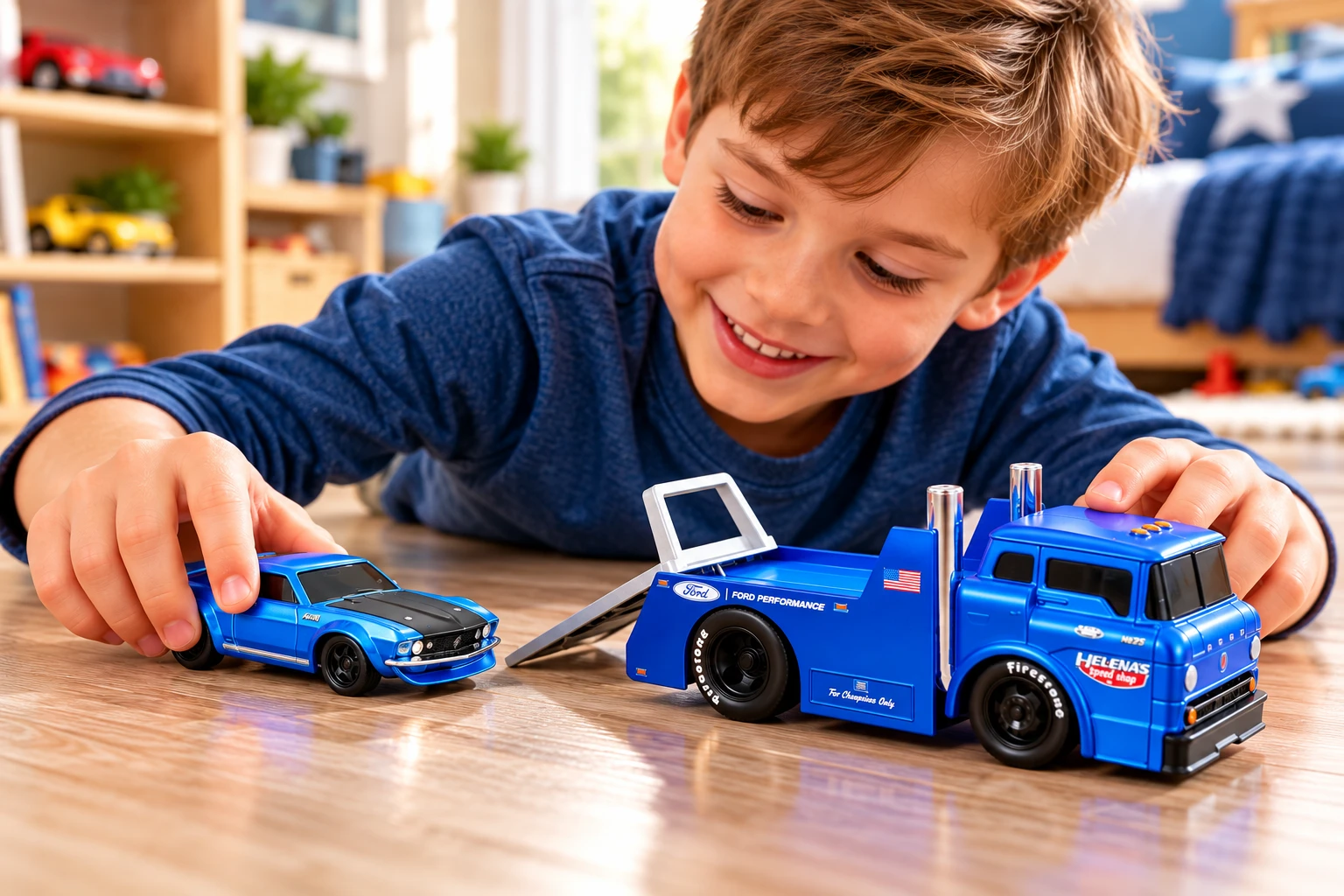 Set Muscle Transports, camion Ford C600 Flatbed și Ford Mustang GT 1969, metal, scara 1:64, 8 ani+ [2]