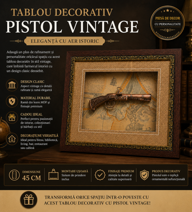 Tablou Decorativ cu Pistol Vintage și Hartă Veche, Ramă Elegantă, 45 cm [4]