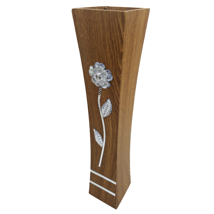 Vază decorativă cu floare argintie, MDF, 58 cm, mahon [2]