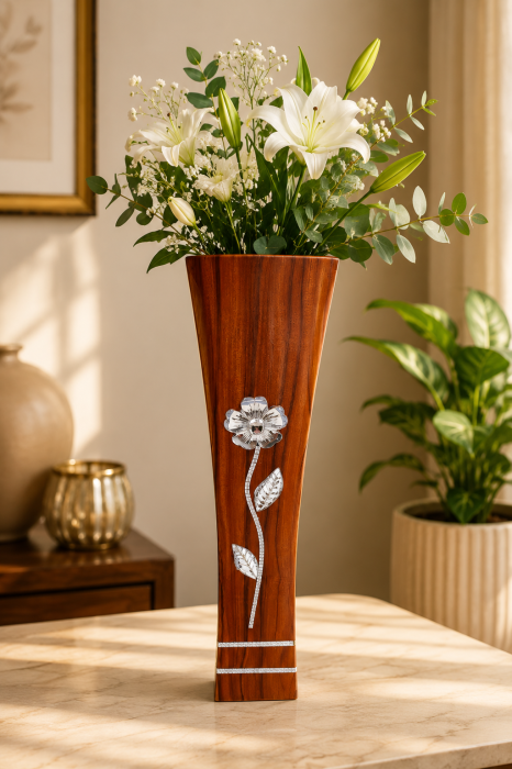 Vază decorativă cu floare argintie, MDF, 58 cm, culoare nuc [2]