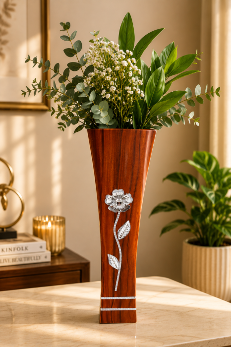 Vază decorativă cu floare argintie, MDF, 58 cm, culoare nuc [3]
