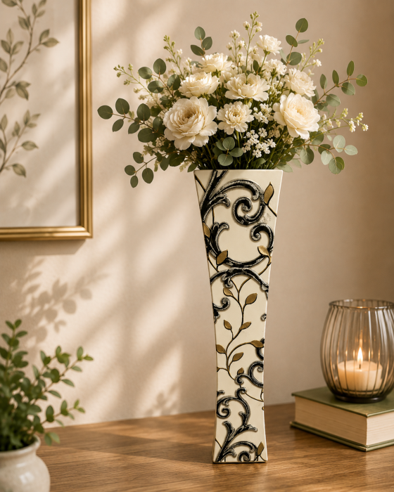Vază decorativă cu motive negre, MDF, 58 cm, crem [6]