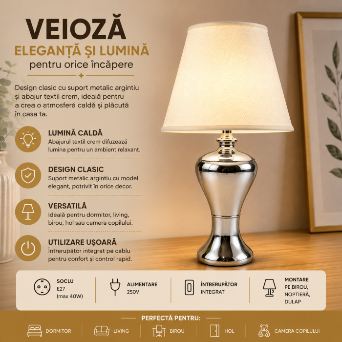 Veioza cu suport metalic argintiu si abajar textil crem, 35 cm [2]