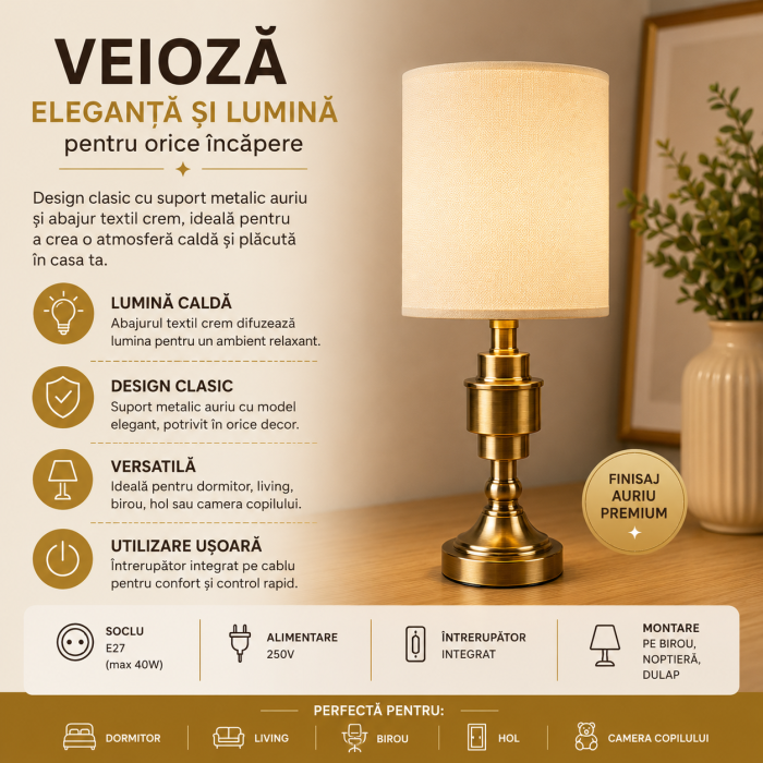 Veioza cu suport metalic auriu si abajar textil crem,cu model, 35 cm  [2]