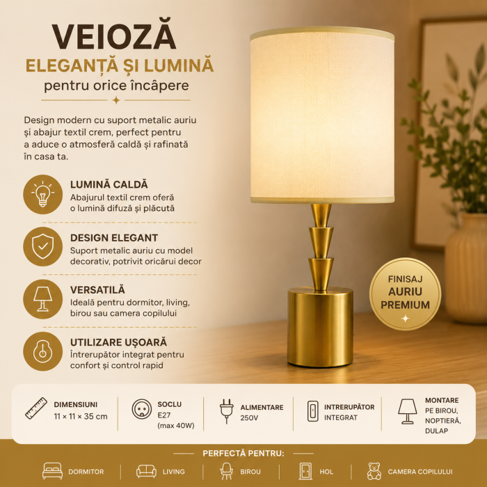 Veioza cu suport metalic auriu si abajar textil crem, model pe baza, 35 cm [2]
