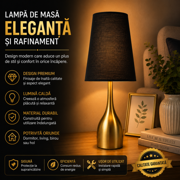 Veioză cu suport metalic cu model și abajur textil negru, 36 cm [2]