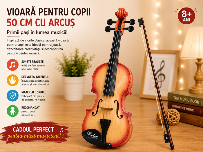 Vioară pentru Copii 50 cm cu Arcuș Inclus, Instrument Muzical de Jucărie, 8+ Ani [5]
