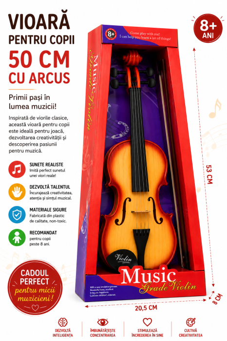 Vioară pentru Copii 50 cm cu Arcuș Inclus, Instrument Muzical de Jucărie, 8+ Ani [6]