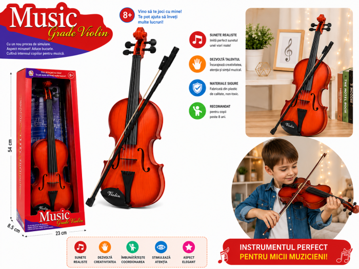 Vioară pentru Copii 50 cm cu Arcuș Inclus, Instrument Muzical de Jucărie, 8+ Ani [7]