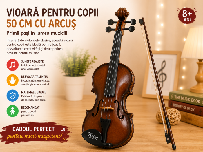 Vioară pentru Copii 50 cm cu Arcuș Inclus, Instrument Muzical de Jucărie, 8+ Ani [7]