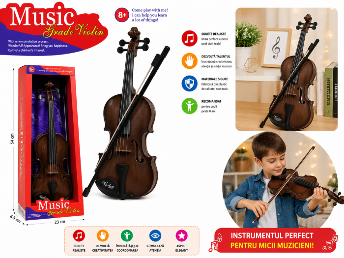 Vioară pentru Copii 50 cm cu Arcuș Inclus, Instrument Muzical de Jucărie, 8+ Ani [8]