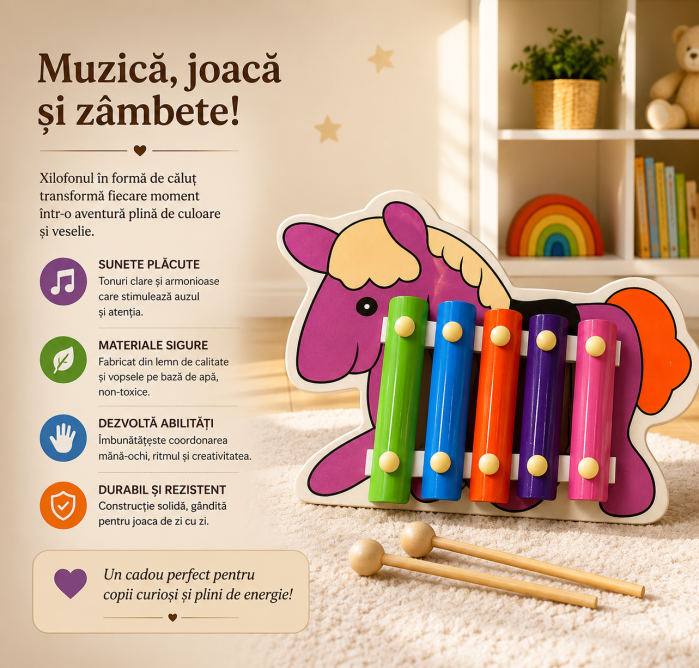 Xilofon de jucarie, model ponei, lemn si metal [3]