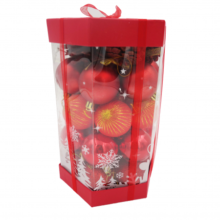 Decoratiuni brad - Set 30 de globuri rosii si conuri