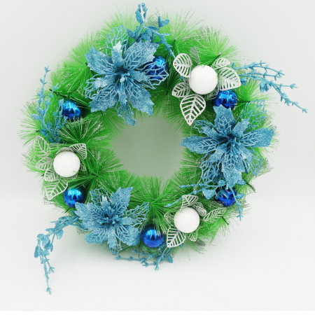 Felinare si decoratiuni - Coronita decorativa cu craciunite albastru si globuri, 30 cm