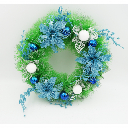 Coronita decorativa cu craciunite albastru si globuri, 30 cm [1]