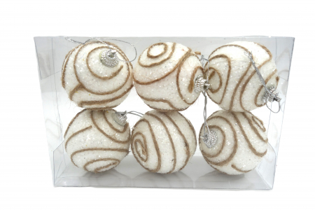 Decoratiuni brad - Set de 6 globuri albe cu sclipici, decorate cu ață, 5 cm