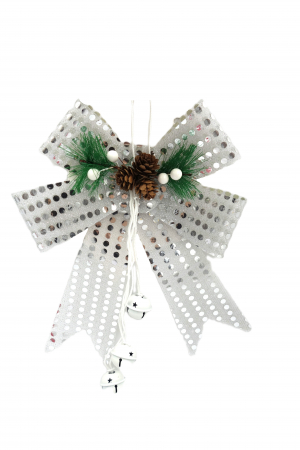 Decoratiuni brad - Fundiță decorativă argintie, cu vasc, crenguțe artificiale și globulețe albe, 25 cm