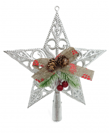 Decoratiuni brad - Vârf de brad, steluta argintie cu decorațiuni, 20 cm